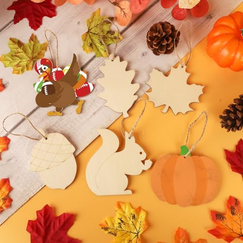 24 PCS Unfinished Wooden Thanksgiving Crafts Mixed Shaped Hanging Ornaments (24 Count)
