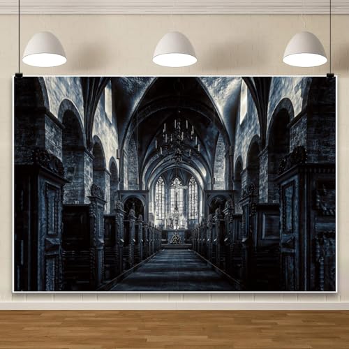 8x6ft Scary Church Halloween Backdrop Dark Black Horror Gothic Medieval Castle Interior Photography Background Halloween Night Carnival Theme Party Decor Banner Photo Studio Props