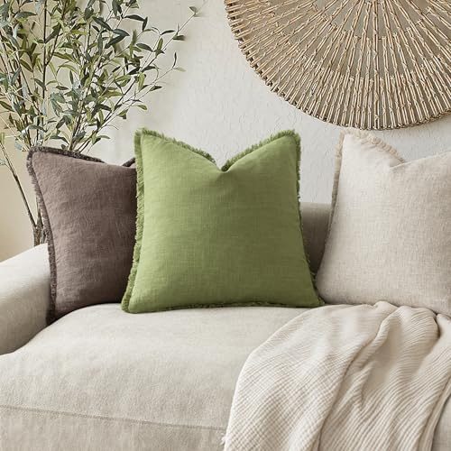 Decorative Linen Fringe Throw Pillow Covers 26×26 Lush Green (2 Count)