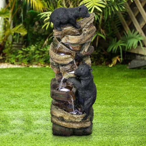 39.3 Inch 5 Tier Outdoor Garden Water Fountain Bears Climbing Tree Resin Fountain with LED Lights for Garden Patio Folding Patio Deck