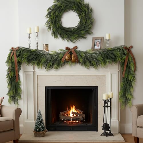 2 PCS Christmas Garland Norfolk Pine Garland Real Touch Faux Christmas Greenery Xmas Garland for Mantle