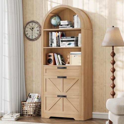 71" Tall Arched Bookcase with File Cabinet Drawers