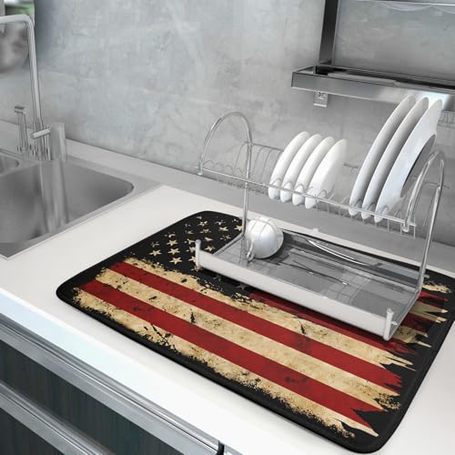 4th of July Dish Drying Mat for Kitchen Counter Rustic Black Patriotic Super Absorbent Reversible Microfiber Kitchen Countertop Protector Dishes Pad Large 18x24 inch
