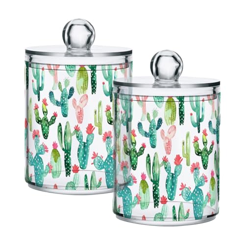 2 Pack Qtip Holder Organizer Dispenser Cactus on White Background Bathroom Storage Canister Cotton Ball Holder Container for Cotton Pads (2 Count)