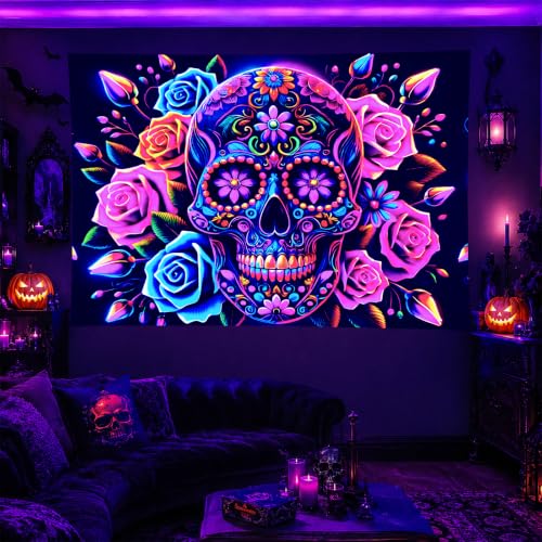 Blacklight Tapestry Sugar Skull Wall Hanging 78 x 59 Inch