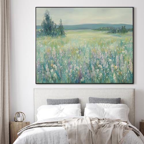 46"x60" Extra Large Framed Wall Art Wildflower Meadow Landscape Soft Pastel Nature Illustration for Home Living Room Bedroom Decor
