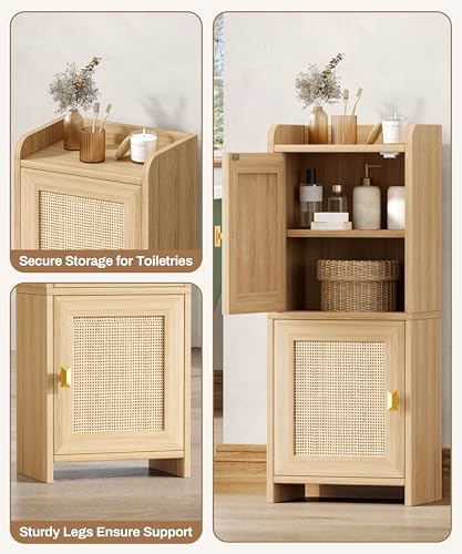 Rattan Small Bathroom Cabinet Narrow Toilet Paper Organizer Oak