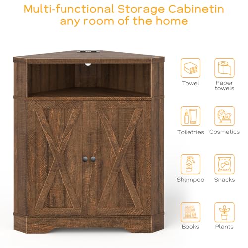 Small Corner Storage Cabinet with USB Ports and Outlets