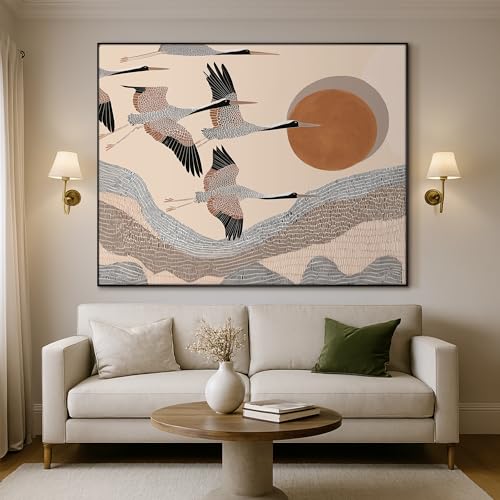 46"x60" Extra Large Framed Wall Art Flying Cranes Over Sunlit Hills Illustration for Home Living Room Bedroom Decor