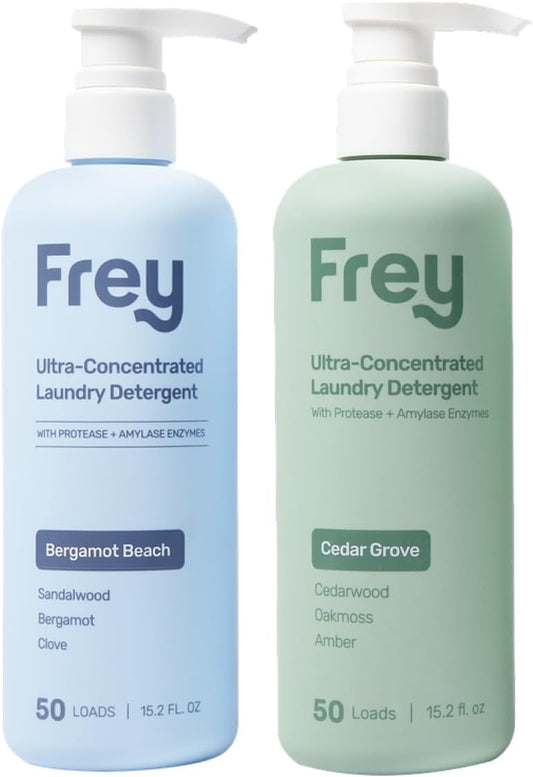 FREY Concentrated Liquid Laundry Detergent | Formulated for Sensitive Skin & HE Washers | Removes Stains Effectively | 50 Loads per Bottle (Cedar Grove & Bergamot Beach) - NestledHome