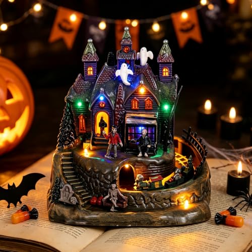 Halloween Village Animated Lighted Haunted House with Moving Train