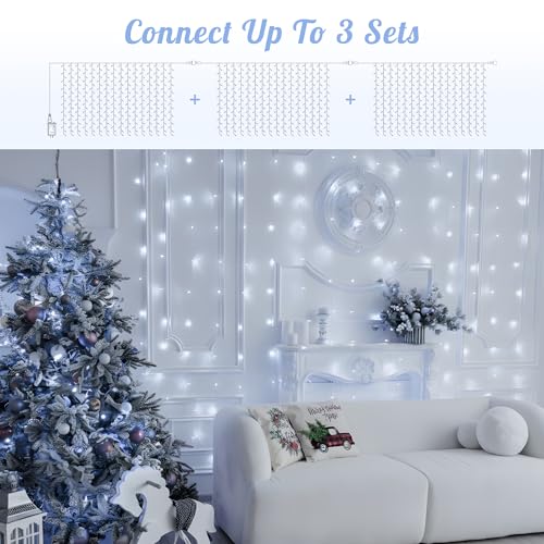 9.8FT x 9.8FT White Curtain Lights Plug in