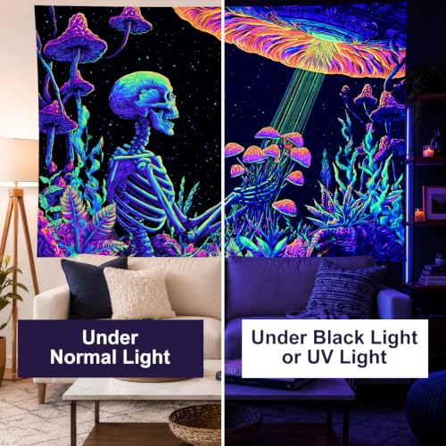 Blacklight Tapestry Skeleton UFO Glow Backdrop 78 x 59 Inch