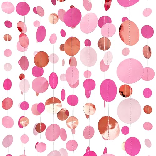 Hot Pink Rose Gold Party Decorations Circle Dots Garland Hanging Polka Dot Streamer for Girls Birthday Bachelorette Wedding Bridal Shower Anniversary Hen Party Supplies