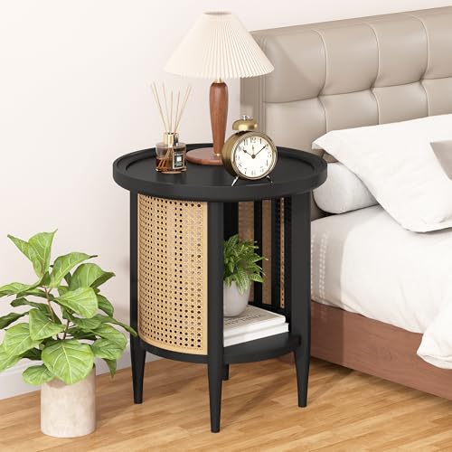 Round End Table Rattan Style Side Table with Solid Wood Legs