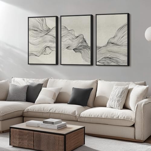 Framed Black and Beige Neutral Abstract Wall Art for Living Room (3 Count)