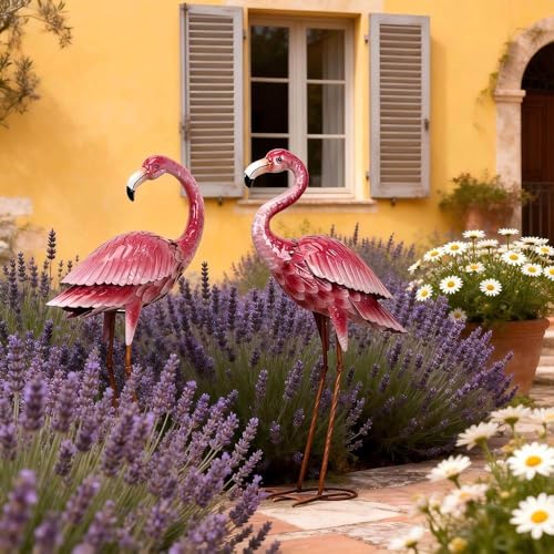 2 Pack Metal Pink Flamingo Statue for Outdoor Garden Yard Decor (2 Count)
