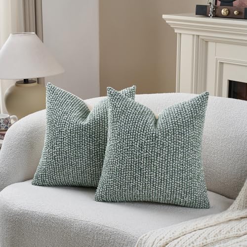 Striped Throw Pillow Covers 22x22 Set of 2 Green Textured Boucle Chic Morden Boho Accent Farmhouse Square Decorative Couch Pillow Covers for Home Decor Bed Sofa Living Room (2 Count)