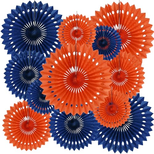 Honeycomb Round Paper Fans Blue Orange Hanging Party Decoration (12 Count)