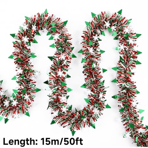 50 Feet Green Red Christmas Metallic Tinsel Twist Hanging Garland with Snowflake Xmas Tree for Home Mantle Xmas Tree Staircase Railing New Year Holiday Party Indoor Outdoor Decorations (50 Foot)