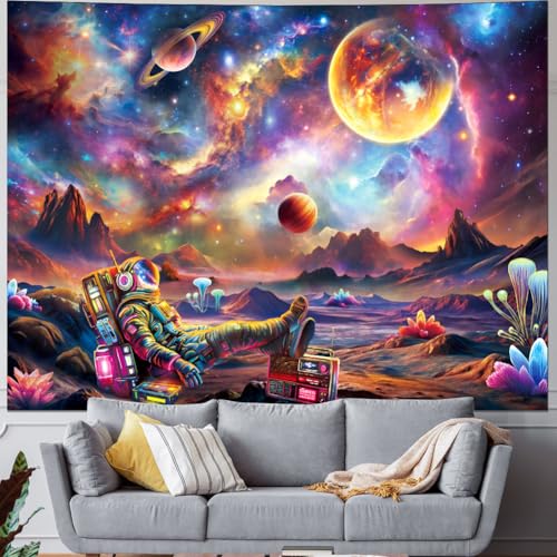 Blacklight Astronaut Tapestry UV Reactive Galaxy Space Tapestry Glow in The Dark Trippy Universe Planet Tapestries Neon Starry Sky Wall Hanging Decor for Home