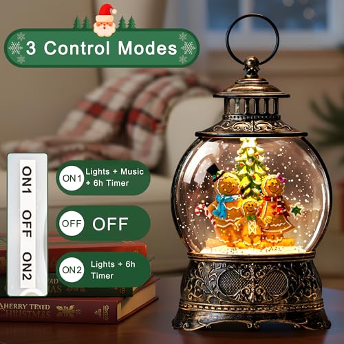 Christmas Snow Globe Water Lantern with Gingerbread Scene Battery Operated or USB Powered Musical Lighted Holiday Decoration for Tabletop Display for Family and Friends