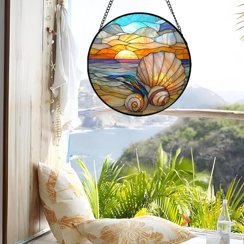 Ocean Stained Glass Window Hanging Suncatcher Beach Gifts for Women 7.8"