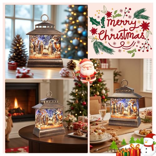 Christmas Snow Globe Lantern Water Glittering Lantern with 8 Songs & 6H Timer Romote Control Christmas Snow Globes USB & Battery Operated for Christmas Festival Decorations Gifts