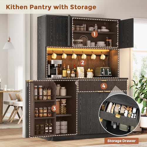 Fluted Kitchen Pantry Storage Cabinet with Charging Station & LED Lights