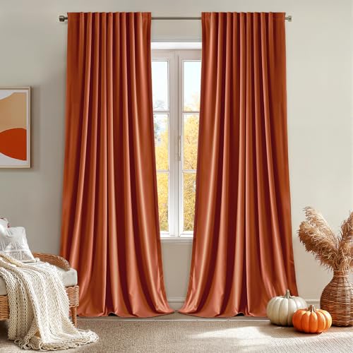 Fall Burnt Orange Velvet Blackout Curtains Pinch Pleat 52" Wx90 L (2 Count)