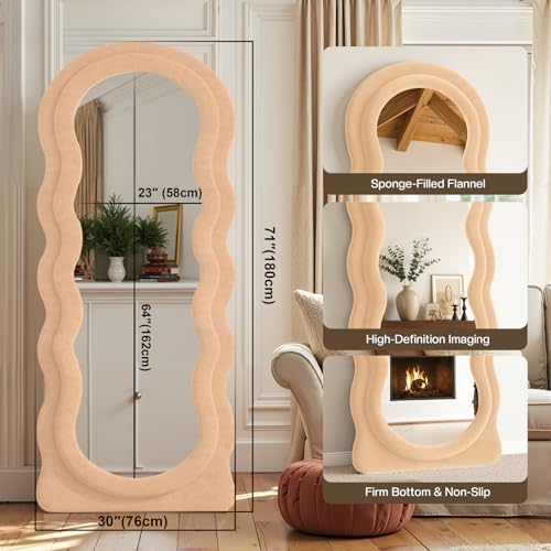 Full Length Mirror 71"x30" Irregular Wavy Full Body Wall Mounted Floor Mirror with Stand Milk Tea Flannel Frame Leaning Hanging Wall for Bedroom Entrance Hallway
