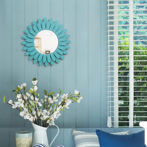 Beach Wall Decor Mirror 2 Pack 12 inch Wood Coastal Wall Decor Sunburst Boho Home Decor Room Decor for Bedroom Living Room Entryway Cyan (2 Count)