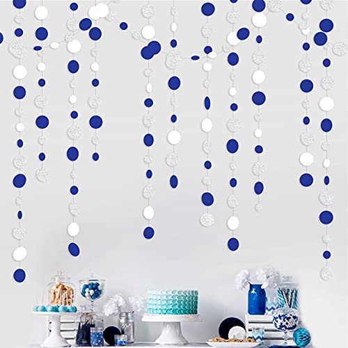 46 Feet Navy Blue White and Silver Circle Dots Garland Royal Blue Hanging Paper Polka Dots Streamer for Birthday Wedding Bridal Shower Nautical Ahoy Achor Graduation Party Decorations Supplies