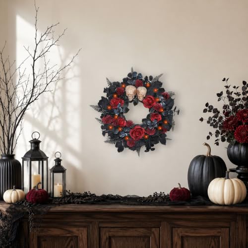 22 Inch Lighted Halloween Wreath with 40 Orange LEDs and 2 Skulls