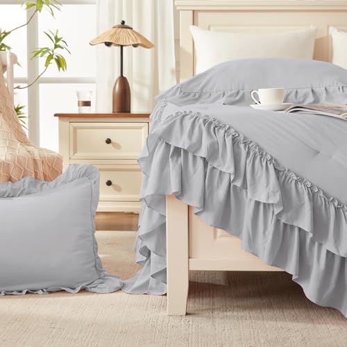 Silver Gray Ruffle California King Comforter Set
