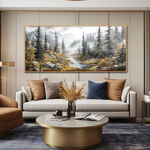 Misty Forest Paintings Wall Art For Bedroom Wall Decor For Living Room Office Tree landscape Wall Pictures Large Canvas Artwork Ready To Hang Modern Home Decorations Wood Framed 32x72 In