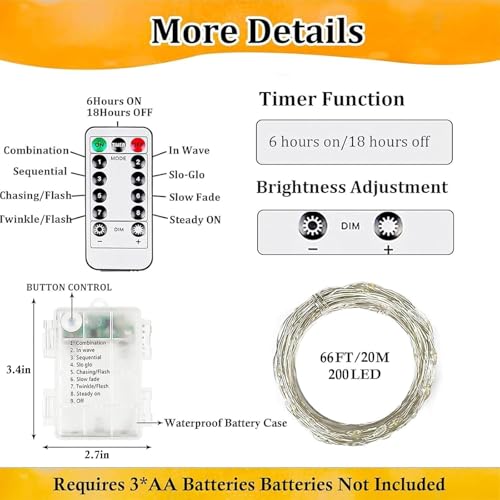 2 Pack Fairy Lights Battery Operated with Remote 66FT 200 LED Warm White (2 Count)