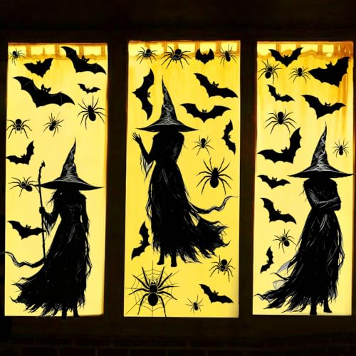 3 Extra Large Halloween Window Clings Black Witch Spider Bat