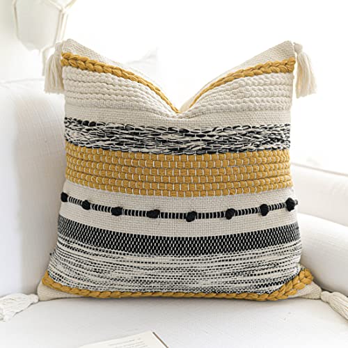 Yellow Mustard Decorative Throw Pillow Cover 20x20 Square Boho Accent Pillowcase Tassels Farmhouse Cushion for Couch Sofa Bedroom Living Room Home Décor Cover ONLY