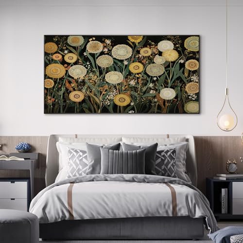 36"x72" Extra Large Framed Wall Art Whimsical Dandelion Field in Yellow and Green