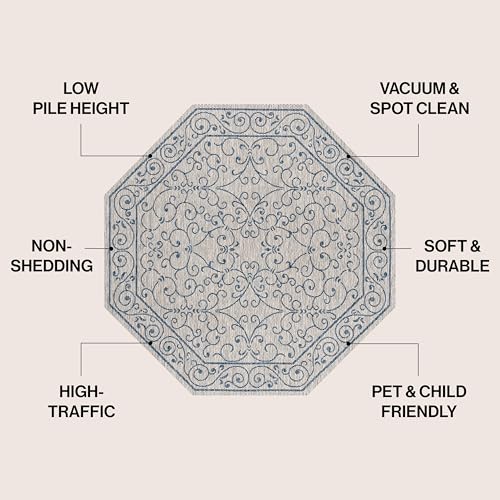 Vintage Filigree Indoor Outdoor Octagon Area Rug 5 Ft Gray