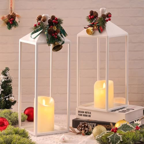 White Decorative Lantern Decor 17" 13" Set of 2 Wedding Lantern with Candle (2 Count)