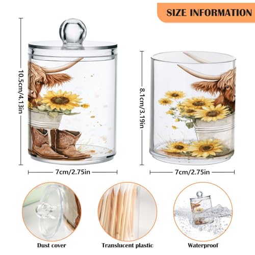 2 Pack Qtip Holder Organizer Dispenser Watercolor Sunflower Highland Cow Bathroom Storage Canister Cotton Ball Holder Container for Cotton Pads (2 Count)