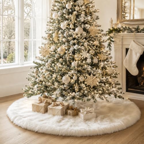 24 Inch Faux Fur Christmas Tree Skirt White Plush Skirt for Merry Christmas Party Christmas Tree Decoration