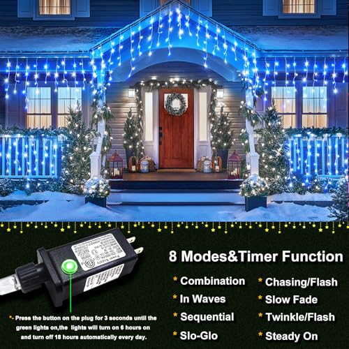 33FT Icicle Lights for Outside 400 LED Blue and White Christmas Lights