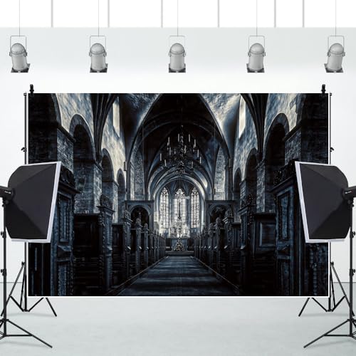 8x6ft Scary Church Halloween Backdrop Dark Black Horror Gothic Medieval Castle Interior Photography Background Halloween Night Carnival Theme Party Decor Banner Photo Studio Props