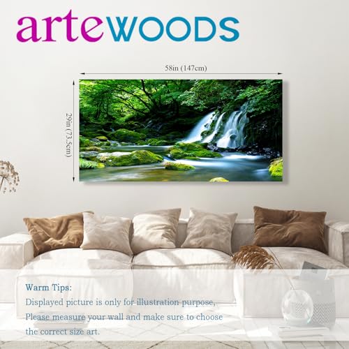Waterfall Canvas Wall Art Living Room Decoration Large Nature Picture Artwork Modern Landscape Painting Green Forest Prints for Kitchen Office Wall Decor Home Decorations 29" x 58"