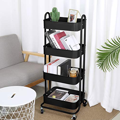 4 Tier Metal Mesh Utility Rolling Cart Storage Organizer Shelf Rack with Lockable Wheels for Living Room Kitchen Office