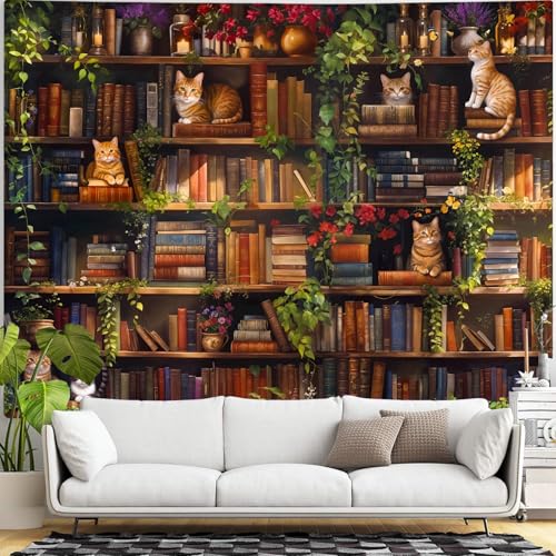 Plant Cat Bookshelf Tapestry Botanical Floral Flower Cats Book Tapestries Wall Hanging Vintage Library Extra Large Tapestry for Bedroom Living Room Dorm 90 x 68 inch