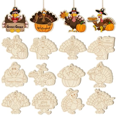 36PCS Wooden Thanksgiving Decoration Turkey Ornaments to Paint Thanksgiving Ornaments for Tree Crafts Cutouts Unfinished (36 Count)
